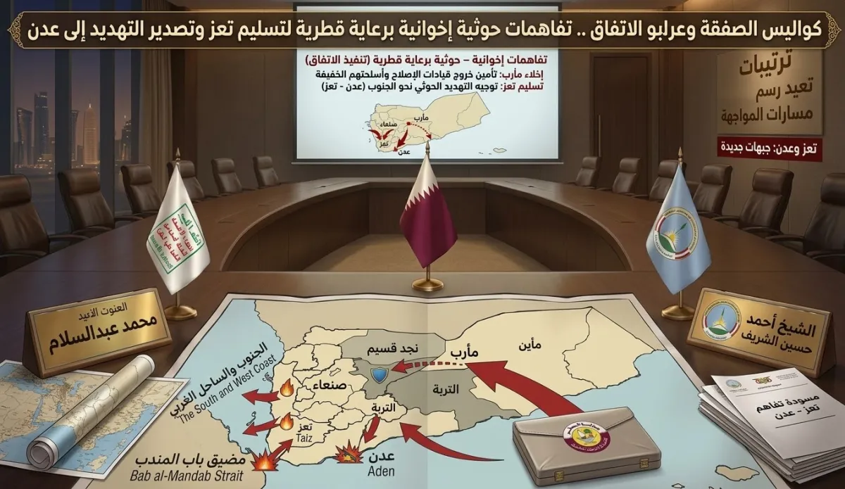 كواليس الصفقة وعرابو الاتفاق ..تفاهمات حوثية إخوانية برعاية قطرية لتسليم تعز وتصدير التهديد إلى عدن