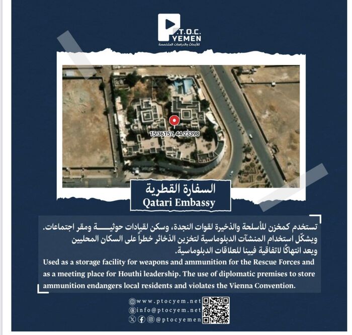 شاهد | مركز (P.T.O.C) يكشف تحويل الحوثيين 20 سفارة إلى مقرات عسكرية ومخازن أسلحة وغرف عمليات أمنية | اسماء وتفاصيل